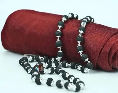 BHARDWAJ Karungali Malai Silver Cap Plated Necklace 54Beads Mala Wood Necklace Silver Plated Wood Necklace