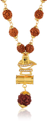 morir Brass Gold Plated Rudraksha Necklace with Shiva Shivling and Damru for Men Women Gold-plated Cubic Zirconia Brass Pendant