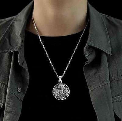 Whitechimes Men's Silver Chain with Religious Hindu Hanuman Pendant Rhodium, Silver, Black Silver Alloy, Stainless Steel Locket