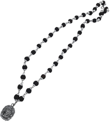 JagatguruShop Most Demanded Shiv Trishul OM Dotted Locket Pendant With 5 Mukhi Rudraksha Mala Silver Beads Brass, Wood Pendant Set