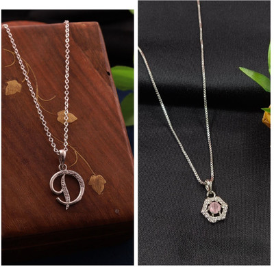 TRP Combo- 1st Sparkling Initial 'D' Pendant and 2nd Elegant Hexagon Pendant Silver Diamond Alloy Pendant Set
