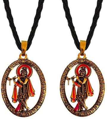 Utkarsh Set Of 2 Lord Shri Radha Krishna With Basuri Pendant Locket Necklace Cotton Dori Gold-plated Stainless Steel Locket Set
