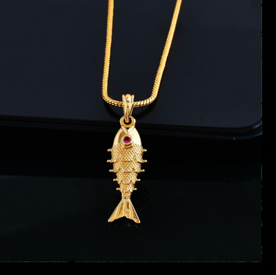 PYR JEWELS fish locket for men ::god locket::god locket chain ::god locket for men Gold-plated Cubic Zirconia Brass Pendant Set