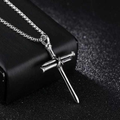 Karishma Kreations Christian Crucifix Jesus Cross Nail Blessing Pray Silver Stainless Steel Locket Gold-plated, Platinum, Titanium, Silver Cubic Zirconia, Crystal Stainless Steel, Alloy, Brass Pendant Set