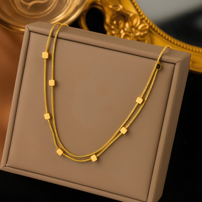 Karishma Kreations Gold Plated Double Layer Thin Chain Cute Square Station Necklace for Women Gold-plated Stainless Steel Pendant