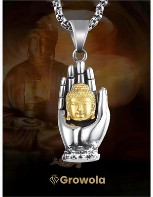 Growola Buddha Head Hand Palm Peace Amulet Pendant Necklace Rhodium, Silver, Gold-plated Stainless Steel Locket Set