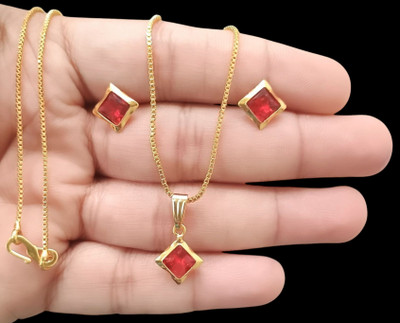 DIVS FASHION Red stone pendant earring set with box chain Gold-plated Brass Pendant