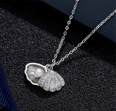 vs unique collections Silver AD Diamond/Nug Stone Moti Beads Pearl Sea Shell Pendant Locket Necklace Silver Stainless Steel Pendant Set