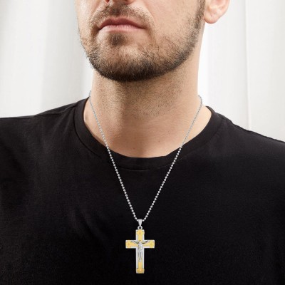 MissMister Stainless Steel and Gold Plated Brass, 3D Jesus Cross Pendant Crucifix Chain Christian Pendant Necklace Jewellery Men Women Boys Girls Silver Stainless Steel