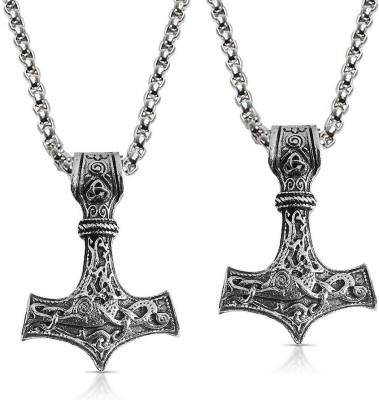 Utkarsh Set Of 2 Silver Viking God Thor's Hammer Mjolnir Compass Anchor Locket Pendant Silver Stainless Steel Pendant Set