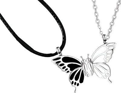 Whitechimes Magnetic Couple Broken Butterfly Locket Pendant Necklace Clavicle Chain & Rope Silver Stainless Steel Pendant Set