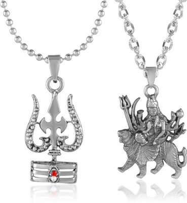 RN Silver Plated Lord Shiv Symbol Trishul with Shakti Durga Sherawali Maa Locket Silver Cubic Zirconia Brass Pendant