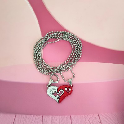 Shiv Jagdamba Valentine Gift 2pcs His and Hers Heart-shape I Love You Couple Necklace Rhodium Zinc, Metal Pendant