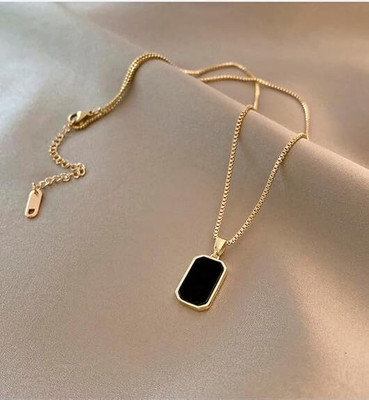 Oxcar Gold Chain Necklace with Black Rectangular Pendant for girls and women-055 Gold-plated Plated Stainless Steel Necklace Set