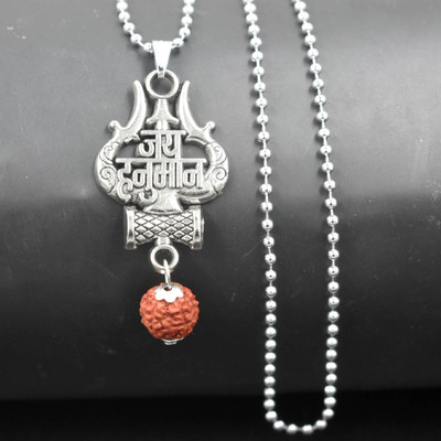 Abhiora Fashion Jay Hanuman Trishul Damaru Rudraksha Bead Chain Pendnet for Men and Women Metal Pendant