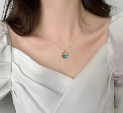 Rajwanti Collection Blue Sea Zircon Whale Pendant Titanium Steel Chain Necklace For Women Girl Silver Cubic Zirconia Stainless Steel Pendant
