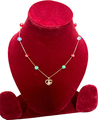 Ratnalok Chain Necklace Multicolor Beads and Heart-Shaped Pendant for Women and Girls Gold-plated Cubic Zirconia Crystal Locket Set