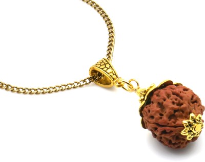 jaz Rudraksha 14mm 5Mukhi Bead Pendant with 22 inch Chain for Unisex Gold-plated Brass Locket