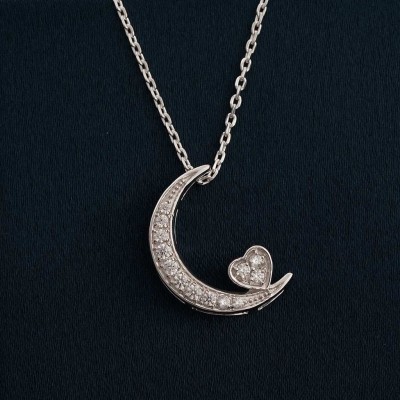 ZALKARI Silver Moon to Heart Necklace Rhodium Cubic Zirconia Sterling Silver Pendant