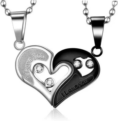 Animated lover's Special black-Silver Broken Two Half Heart Shape pendant for couples. Metal Pendant Set