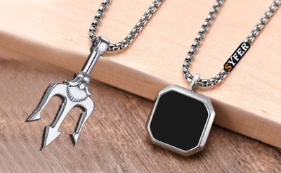 ShobhRam Men And Women Black Onyx Octagon Inlay Square Pendant and Pendant Combo Silver Agate Stainless Steel Pendant