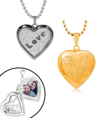 Stylewell CMB8017 Heart Shape Shining Love Mini Photo Frame Memory Pendant Locket Necklace Silver, Gold-plated Stainless Steel Pendant Set