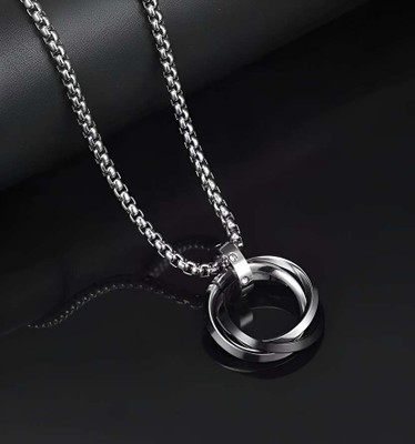 REVERSEA 3 Circle Blue Ring Pendant Locket with 24inch Stainless Steel Box Chain Silver Metal Locket