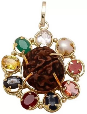 Dirghaanshi Multicolour Synthetic Brass Navratan/Navgrah pendant with 5 Mukhi Rudraksha In Gold-plated Ruby, Amethyst, Cat's Eye, Pearl, Coral, Emerald, Diamond, Sapphire, Garnet Brass, Metal Locket