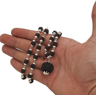 Fine Creation Most Demanded Shiv Trishul OM Dotted Locket Pendant With 5 Mukhi Rudraksha Mala Silver Beads Brass, Alloy Pendant Set
