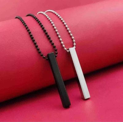 Sharps Stylish Silver- Black 3D Vertical Bar Cuboid
Locket Necklace Set For Men | Black Silver Alloy Locket Set