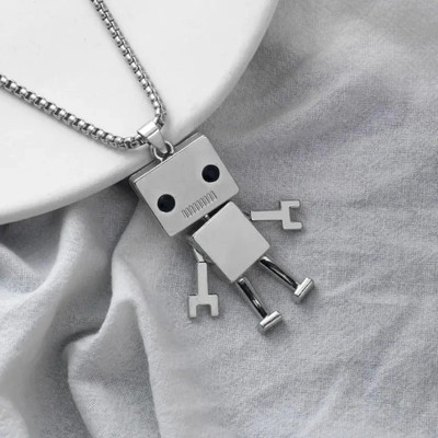 Riingzinee Silver Toned Robot Pendant for Women and Men. Silver Stainless Steel Pendant Set