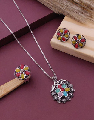 SHIVAY FASHION HUB Khodalkrupa Jewellery Designer Alloy Oxodize Chain Pendant with earring and ring Silver Diamond Alloy Pendant Set