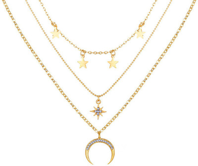 Vembley Three Layered Moon Studded Star Necklace For Girls And Women Gold-plated Alloy Pendant