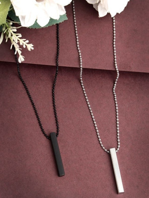 NVR Stylish Silver - Black Men's Set of 2 Rhodium Plated Bar Pendent Rhodium Alloy Pendant Set