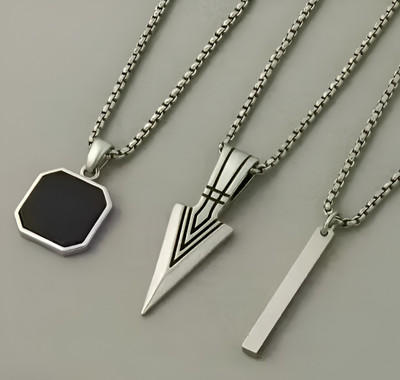 GanPatique (Combo Of 3)- Men’s Stainless Steel Pendant Necklace Set | Boys Chain Locket. Silver Stainless Steel Pendant Set