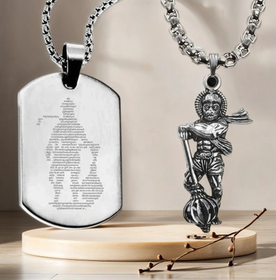 Airtick Micro-Carved Standing Hanuman Chalisa Gada Plate Blade Locket Pendant Necklace Stainless Steel Pendant Set