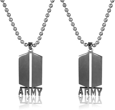 Utkarsh Set Of 2 Unisex Silver 3d Bts Logo Name Army Letter Pendant Locket With Chain Silver Stainless Steel Pendant Set