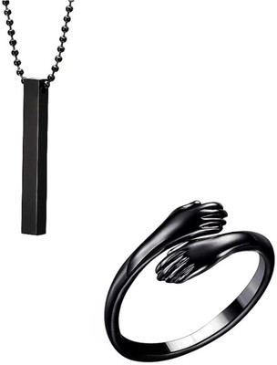 JS Enterprises Stunning Trendy Combo of Black Ball Bar Pendant and Hug Ring for Couple Silver Stainless Steel Pendant Set