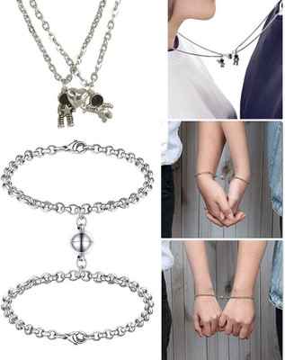 JS Enterprises Astronaut Couple Magnet Attraction Locket Silver Stainless Steel Bracelet Set Stainless Steel