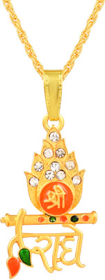 BRBRIK Gold Plated CZ Shree Radhe Flute Design, Radhe Krishna Pendant Locket Chain Gold-plated Cubic Zirconia Brass Pendant