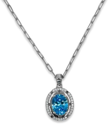 SATLAA 925 Pure Silver Blue Topaz Halo Pendant with Chain for Girls & Women Rhodium Cubic Zirconia Sterling Silver Pendant