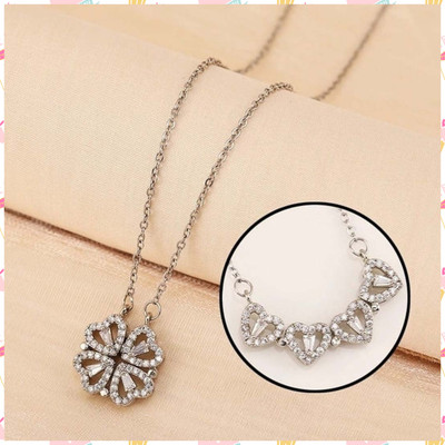 Vimich Wearing Clover Open Hearts Magnetic Pendant Necklace For Girls / Women Cubic Zirconia Silver Plated Alloy Necklace