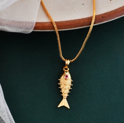 NAVYA ART JPR Gold-Plated Fish Pendant Necklace with Ruby Eye,Snake Chain For Grils Boys Gold-plated Brass Locket Set