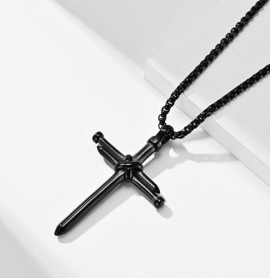 Anrich Black Prayer Rope & Nail Blessing Christian Jesus Cross Locket Pendant Necklace Stainless Steel Pendant