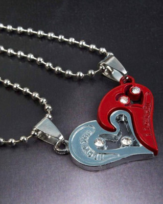 Astrootalk 2pcs His and Hers Heart-shape Couple Red and Silver Necklace Pendant Silver Stainless Steel, Titanium, Alloy Pendant