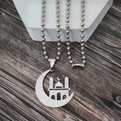 M Men Style Mosque in Crescent Moon Muslim Allah Pendant Islamic Necklace Jewelry Titanium Stainless Steel Pendant