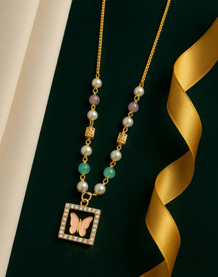 RANEM Butterfly Pendant Pearl Beaded Gold Plated Chain Necklace for Women & Girls Gold-plated Metal Pendant Set