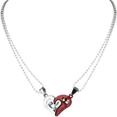 Riingzinee 2pcs His and Hers Heart-shape Couple Red and Silver Necklace Pendant Silver Stainless Steel, Titanium, Alloy Pendant