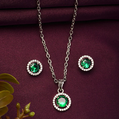 ZENEME Rhodium-Plated Green Round Shape American Diamond Pendant Set With Earring Alloy Pendant Set