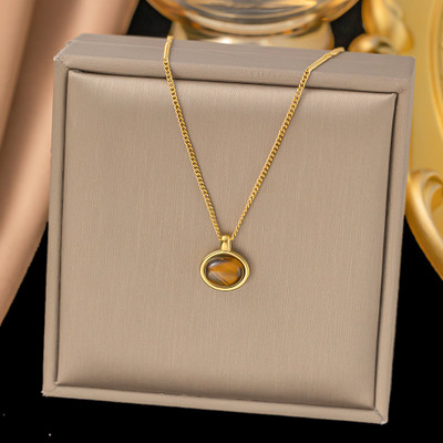 MYKI Anti-Tarnish Tiger Eye Stone Gold Necklace Gold-plated Stainless Steel Pendant
